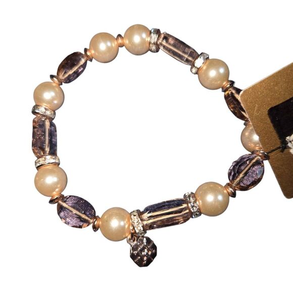 Monet Pearl Tower Faux Pearl, Rhinestone & Pink Glass Beaded Elastic Bracelet OS - Picture 2 of 8